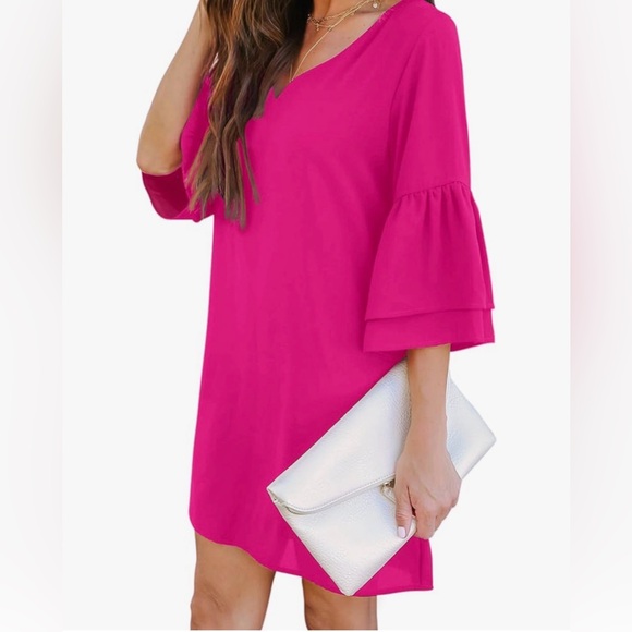 NEW BELONGSCI 3/4 Bell Sleeve Casual V-Neck Shift Dress Mini Dress XL - Picture 6 of 11